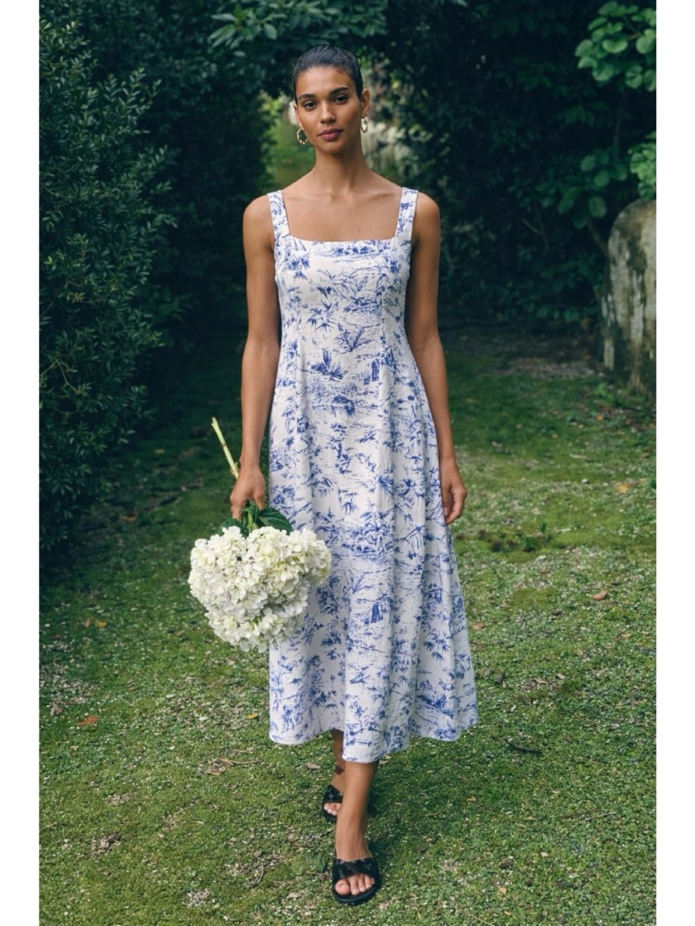 Joie | Blue Linen Toile De Jouy Print Coastal European Summer Midi Dress - US 8